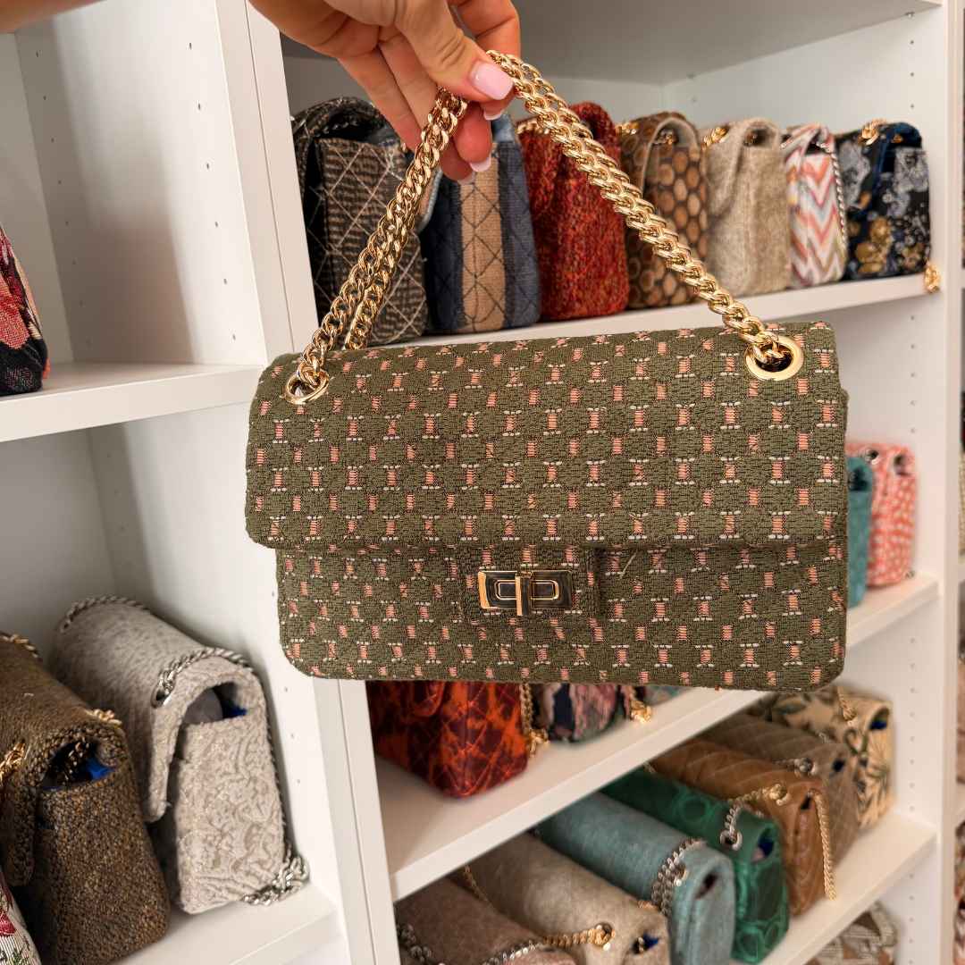 The Classic Nica #1666 – olive green and peach upcycled cotton shoulder bag, detail view 3